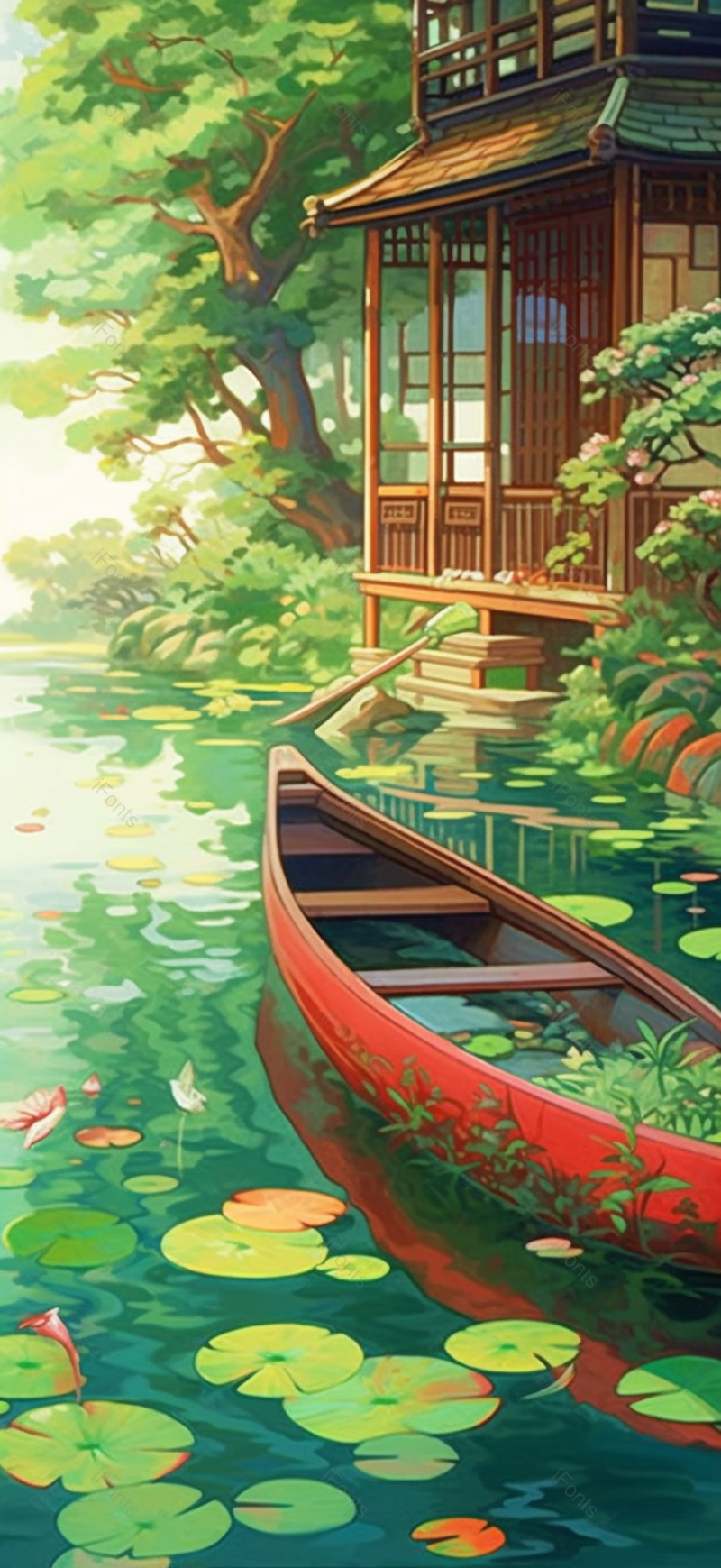 绿色夏日荷塘边船只停泊荷叶连连房子插画背景壁纸,插画/手绘图,插画/手绘图库,插画/手绘图下载,插画/手绘